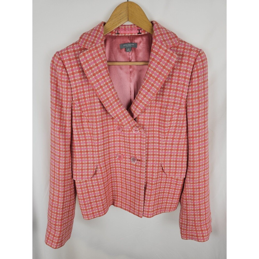 Ann Taylor Womens Size 8P Pink Tweed Double-Breasted Blazer Jacket Petite